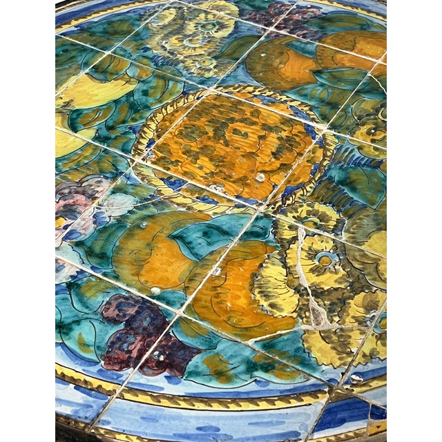 Italian Hand-Painted Ceramic Tile Top Bistro, Side Table With Wrought Iron Base, 1950s For Sale In Philadelphia - Image 6 of 15
