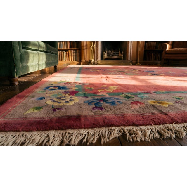 Pink 1920s Pink Floral Antique Chinese Art Deco Rug 9' X 11'6" Handknotted Wool Carpet For Sale - Image 8 of 9
