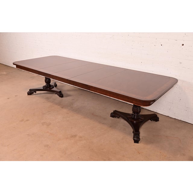 Baker Furniture Company Baker Furniture Regency Banded Mahogany Double Pedestal Extension Dining Table, Newly Refinished For Sale - Image 4 of 17