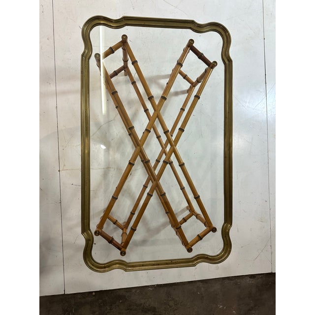Traditional 1970s Attributed to Baker Regency Faux Bamboo Rectangular Glass and Brass Coffee Table For Sale - Image 3 of 11