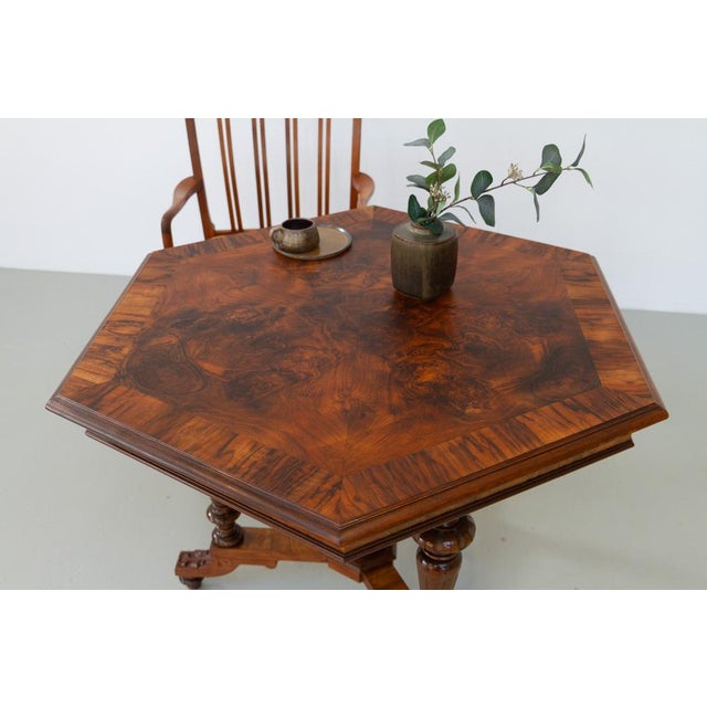 Antique Danish Hexagonal Walnut Burl Center Table, 1880s For Sale - Image 13 of 18