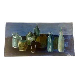 Contemporary French Modern Still Life Acrylic Painting of Bottles on the Table Signed Louis For Sale