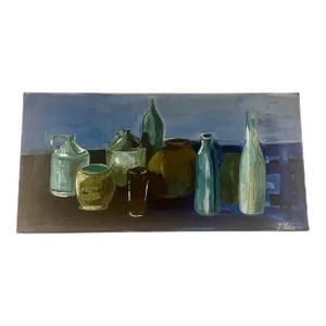 Contemporary French Modern Still Life Acrylic Painting of Bottles on the Table Signed Louis