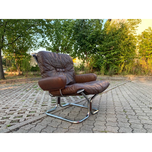 Brown Wing Wingback Brown Leather Lounge Chair by Harald Relling for Westnofa, 1970s For Sale - Image 8 of 16