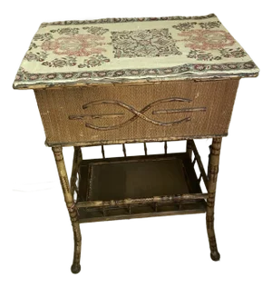 Antique Aesthetic Bamboo and Rattan Storage/Sewing Side Table