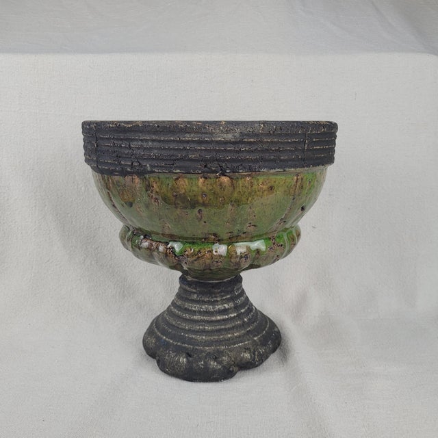 Late 20th Century Rustic Green Glazed Stoneware Pedestal Bowl Urn Footed Artisan Pottery For Sale - Image 4 of 9