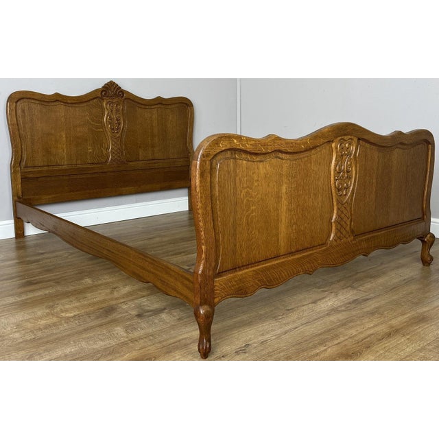 Vintage French Louis XVI Oak Double Bed Frame with Carved Headboard For Sale - Image 3 of 13