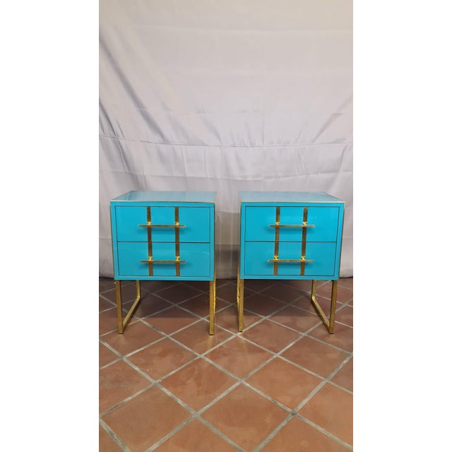 Gold Light Blue Murano Glass Bedside Tables in Brass and Gray Velvet from Justfurnituress SRL, Set of 2 For Sale - Image 8 of 10