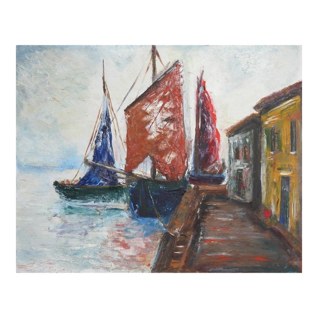 Late 20th Century European Fishing Boat Harbor Painting For Sale