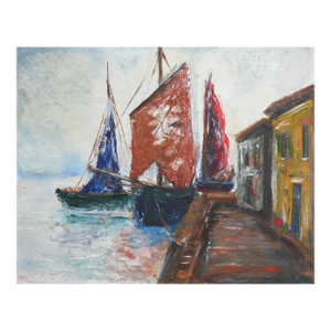 Late 20th Century European Fishing Boat Harbor Painting