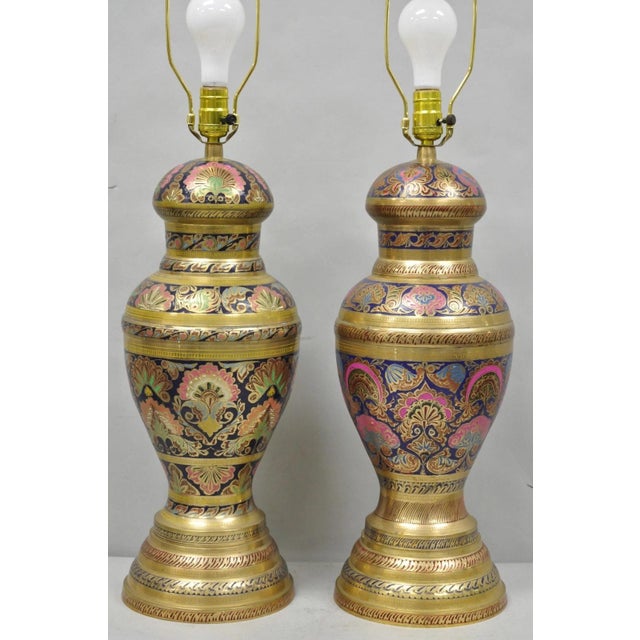 Mid 20th Century Vintage Brass & Cloisonné Enamel Pink & Blue Jardiniere Urn Table Lamps - Pair For Sale - Image 5 of 14