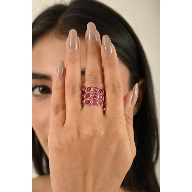 14k Gold Triple Row Ruby Band 17.57 Carat Cocktail Ring Size 6.5 For Sale In New York - Image 6 of 12