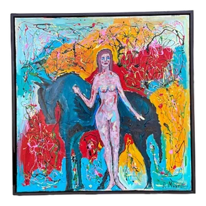 Large Signed Framed Modern Abstract Oil on Canvas - Female Nude W/ Horse Art