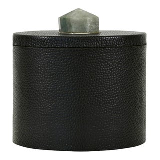 Matthew Izzo Home Marlene Round Black Pebbled Faux Leather Container With Green Anenturine Stone Handle For Sale