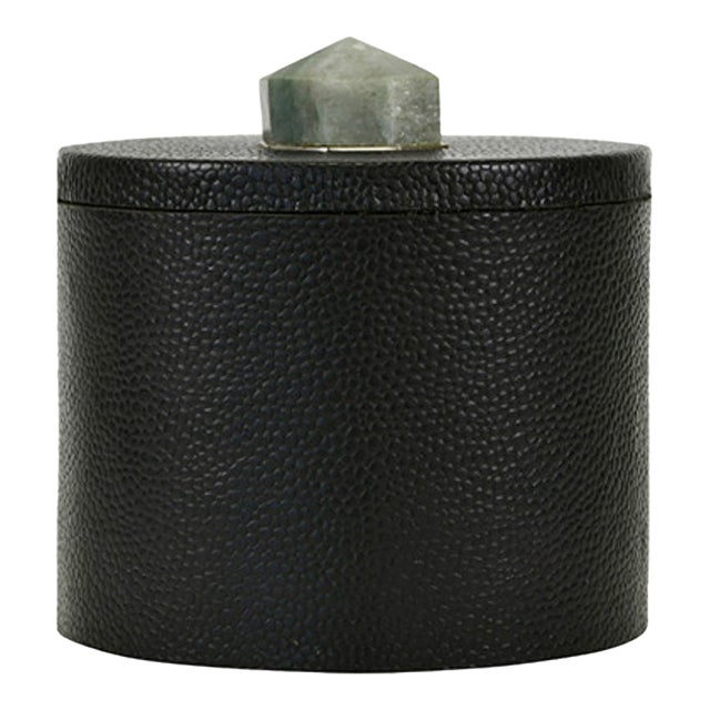 Matthew Izzo Home Marlene Round Black Pebbled Faux Leather Container With Green Anenturine Stone Handle For Sale