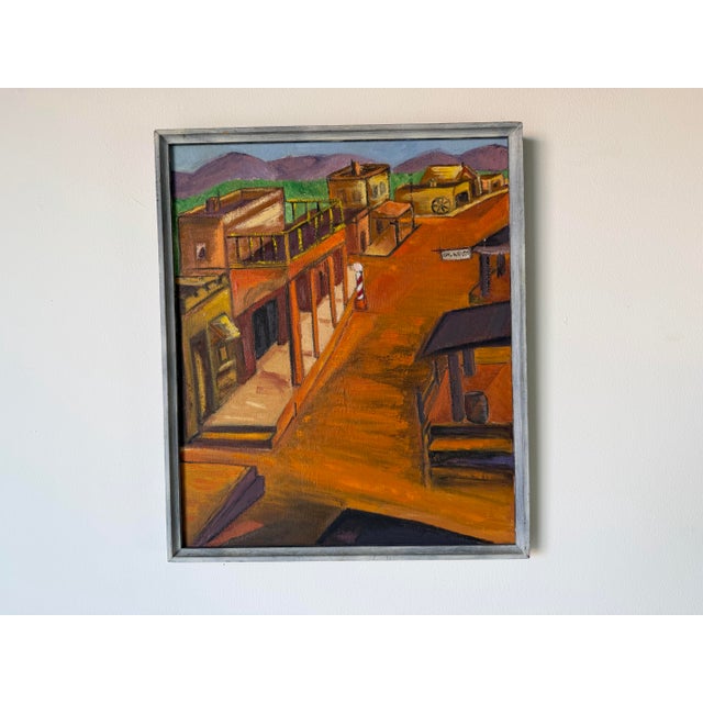 Mid-Century Modern 1970s Vintage Southwestern Townscape Oil on Canvas Painting, Framed For Sale - Image 3 of 12