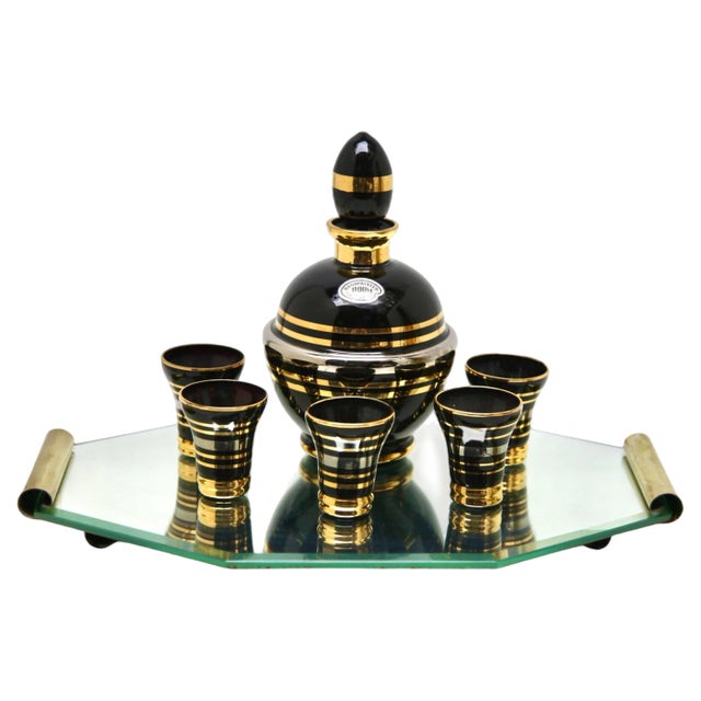 Art Deco Liqueur Set with Serving Tray attributed to De Rupel, Belgium, 1935, Set of 7 For Sale