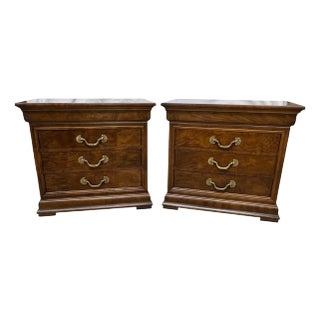 Vintage 1990s Henredon Charles X Tessellated Burl Wood Three Drawer Nightstand - A Pair For Sale