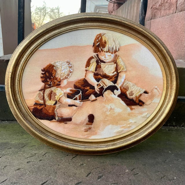 Beige Vintage Framed Needlework Textile Portrait of Children on a Beach For Sale - Image 8 of 8