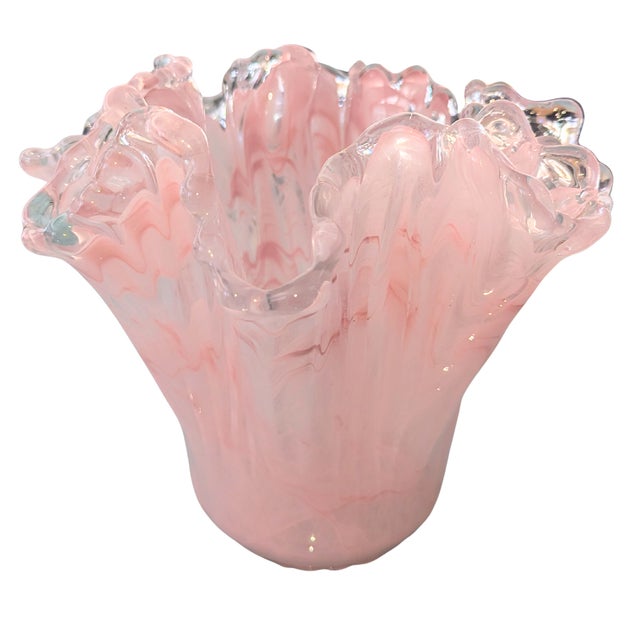 Elevate your décor with this stunning Murano pink swirl handkerchief vase, a sculptural Italian art glass piece crafted...