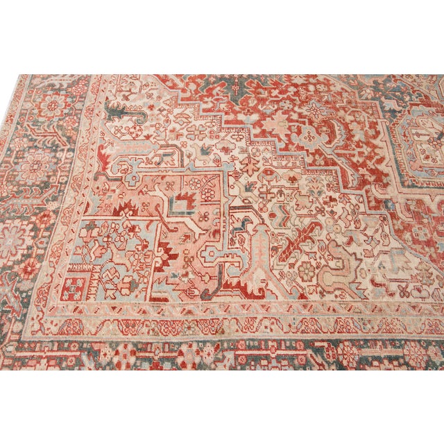 Antique Persian Heriz Wool Rug Handmade in Red Featuring a Medallion Motif For Sale - Image 9 of 10