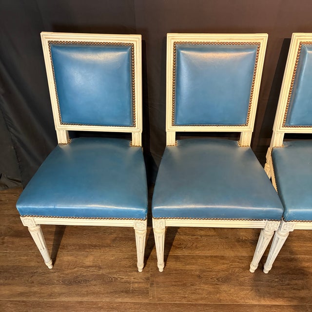 French Louis XVI White Painted Blue Leather Dining Chairs -Set of 8 For Sale - Image 4 of 12