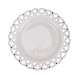 White with Blue Dots Pierced Scalloped Charger Plate, 13.5" For Sale
