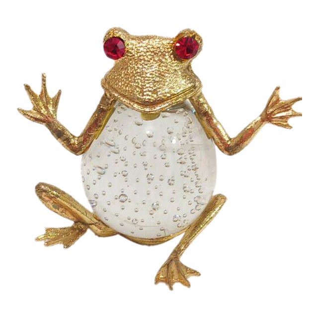 1970s Sitting Frog Paperweight 4" Glass Handblown Modern Art Deco Red Eyes Decor For Sale
