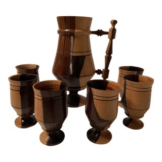 Vintage Handmade Wooden Ewer & 6 Wooden Mugs For Sale