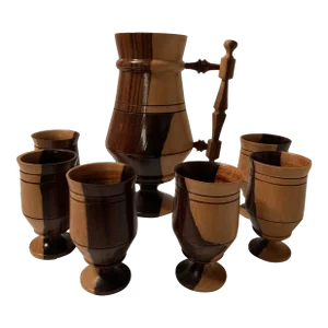 Vintage Handmade Wooden Ewer & 6 Wooden Mugs