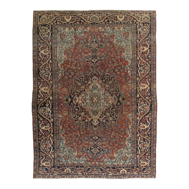 Antique Farahan Sarouk Carpet, Handmade Oriental Rug, Ivory, Navy, Green, Rust For Sale