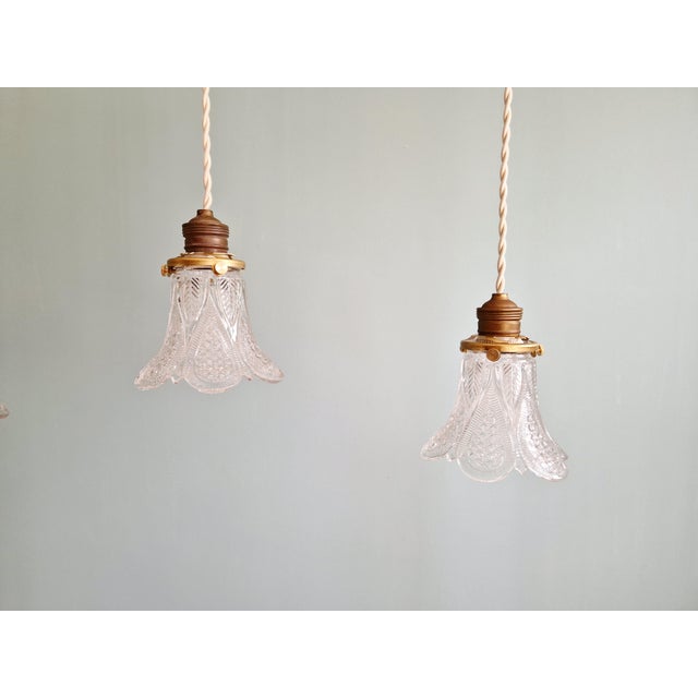 Metal Art Deco Pendant Lights in Clear Glass, 1930s, Set of 3 For Sale - Image 7 of 17