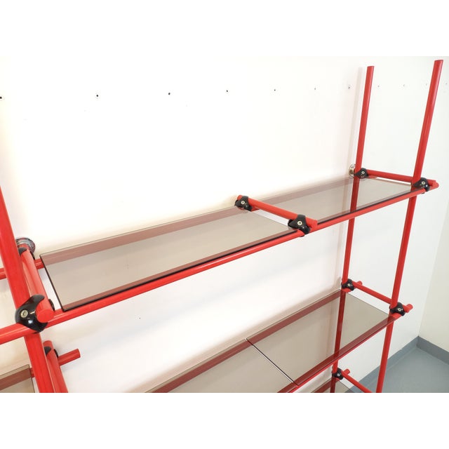 Vintage Italian Bauhaus Style Bookcase in Red Metal and Smoked Glass, 1970s For Sale - Image 4 of 15
