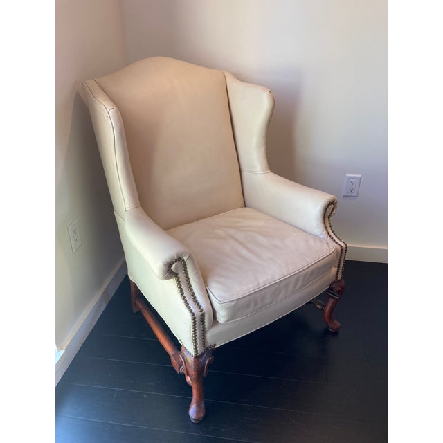 Champagne Vintage Ivory Leather Chair Ottoman 2pc Sam Moore Hooker Furnishings For Sale - Image 8 of 10