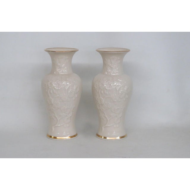 Lenox Ming Blossom Vase Pair of 2 Embossed Ivory Porcelain With Gold Trim 4930b For Sale - Image 17 of 17