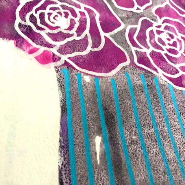 Contemporary Original Painting on Paper by CL Auker, “Pink Roses, Blue Stripe Vase” For Sale - Image 9 of 10