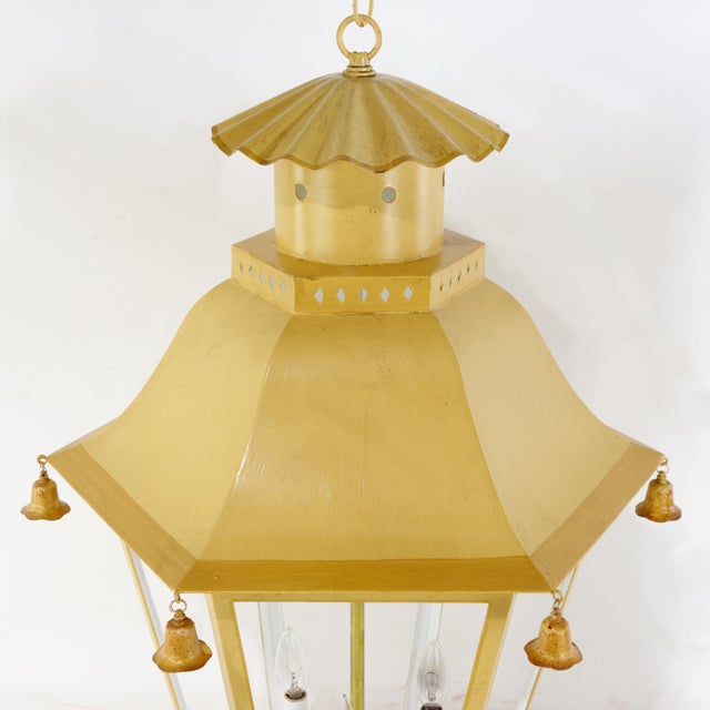 Vintage Chinoiserie Yellow Tole Hanging Lantern Chandelier With Brass Bells For Sale - Image 4 of 13