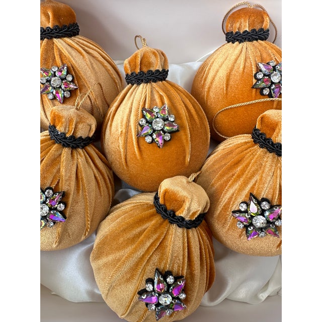2020s Handmade Velvet Christmas Ornaments, Set of 3, Gold Jeweled Baubles, Gift-Boxed For Sale - Image 5 of 5
