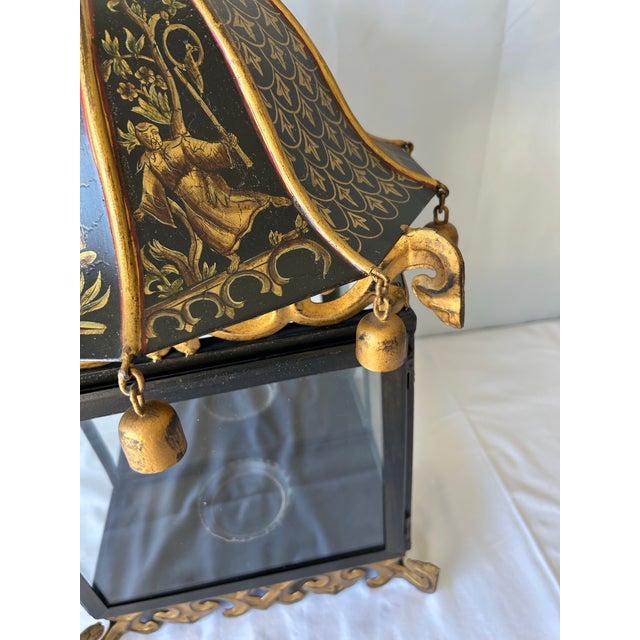 1990s 1990s Pair of Chinoiserie Gilt and Painted Metal Wall Lanterns With Figural Decoration, 23” H For Sale - Image 5 of 10
