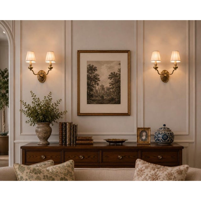 Elegant pair of vintage brass wall sconces featuring graceful double-curved arms and decorative oval backplates with...