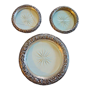 Early 20th Century Set of 3 S. Kirk Repousse Sterling Silver & Crystal Wine Coasters