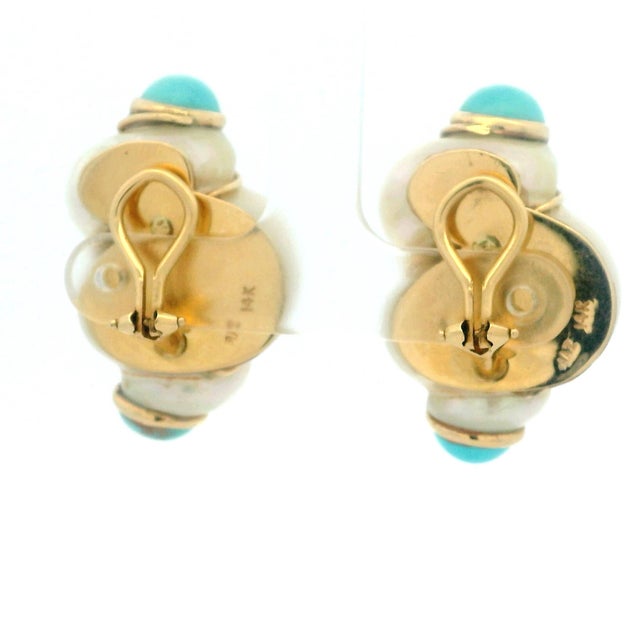 Vintage Maz Jumbo 14k Gold Shell and Turquoise Cabochon Earrings, A Pair For Sale - Image 10 of 11