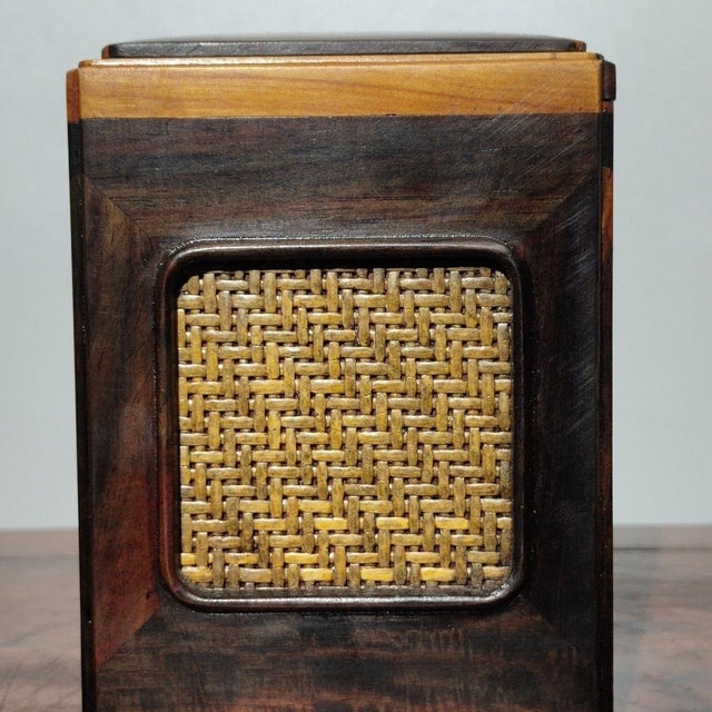 Wooden Tea Caddy Box With Woven Bamboo Panels and Sliding Lid For Sale In Los Angeles - Image 6 of 9