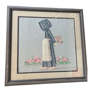 1980s Framed Needlepoint Art - Amish Woman Holding Flowers Needlepoint For Sale