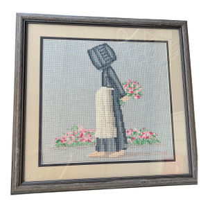1980s Framed Needlepoint Art - Amish Woman Holding Flowers Needlepoint