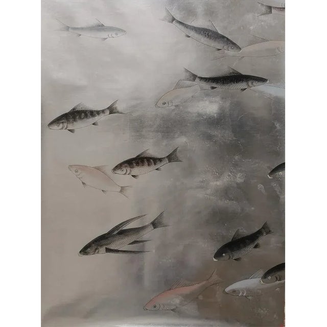 Hand Painted Silver Leaf Fish Wallpaper Panels - Set of 5 For Sale - Image 4 of 4