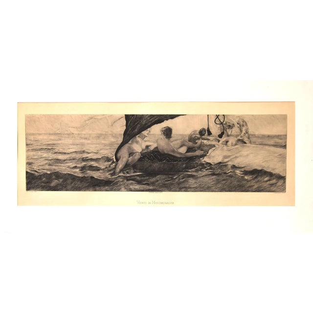 Venus in Muschelwagen is a superb black and white etching on paper, realized in 1907 by the German artist Eduard Einschlag...