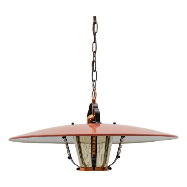 Mid-Century Modern Pendant in Glass, Copper and Metal, 1950s For Sale