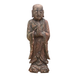 Antique Praying Monk Carved 20" Statue For Sale
