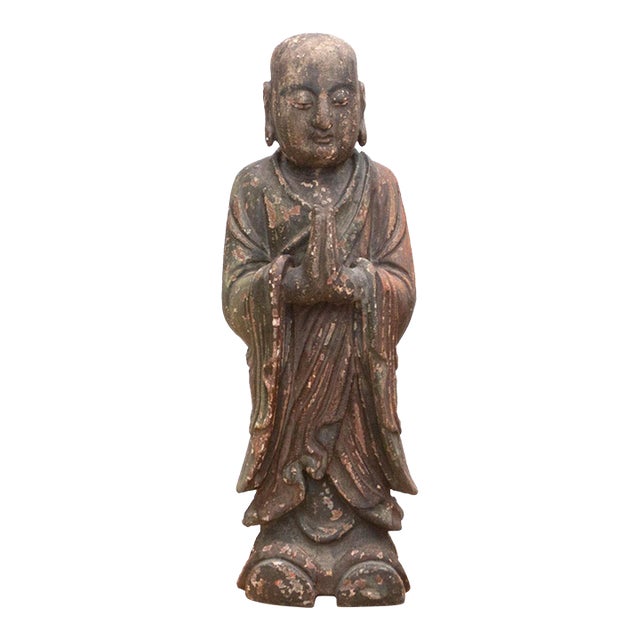 Antique Praying Monk Carved 20" Statue For Sale